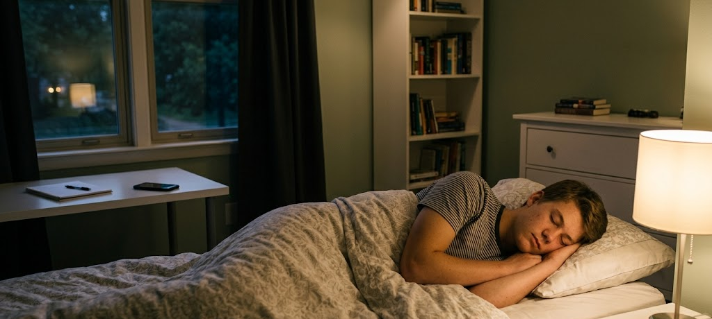 Teenager sleeping peacefully in a dark, calm bedroom with phone away from bed