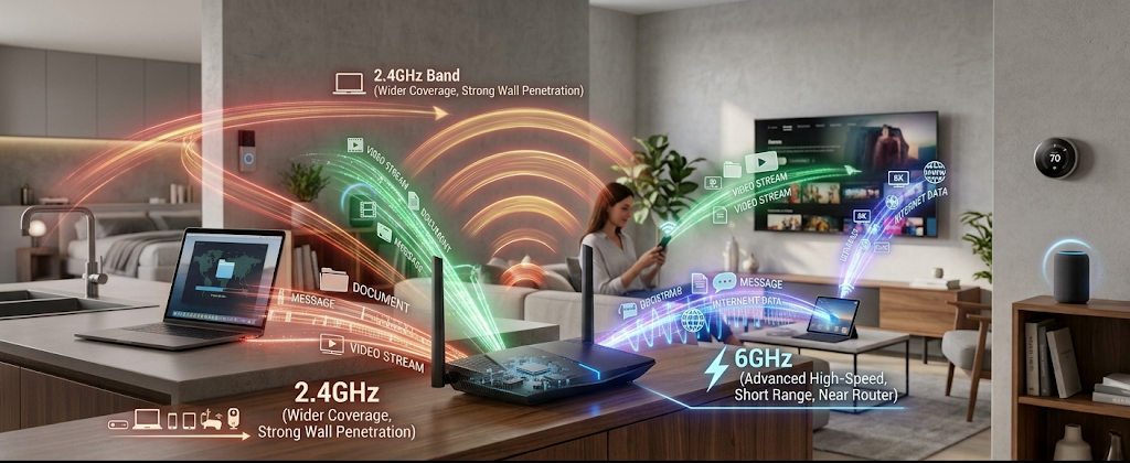 A realistic comparison showing the range and speed differences between 2.4GHz, 5GHz, and 6GHz Wi-Fi frequency bands.