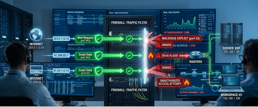 A firewall inspecting and filtering incoming and outgoing network traffic to protect a private network.