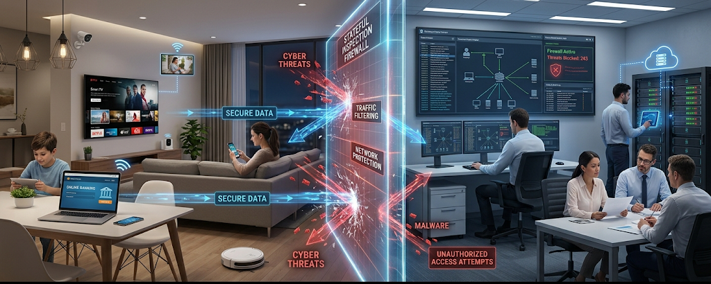 Firewall protecting smart home devices and business networks from cyber threats.