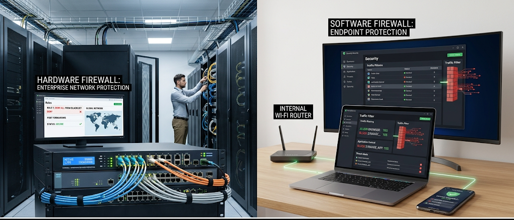 Comparison between hardware firewall appliances and software firewalls protecting individual devices.