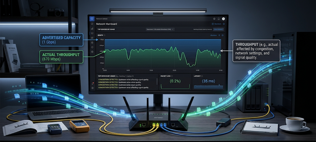 Realistic network dashboard showing actual throughput compared with internet bandwidth capacity.