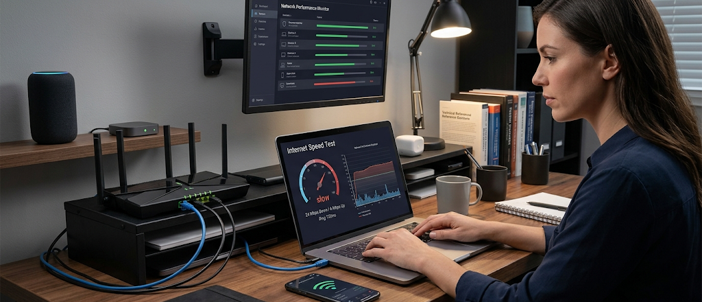 Realistic image of a user testing and troubleshooting internet speed with networking equipment.