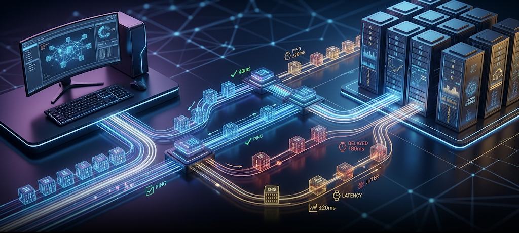 Realistic visualization of latency, ping, and jitter showing delayed data movement between devices and servers.