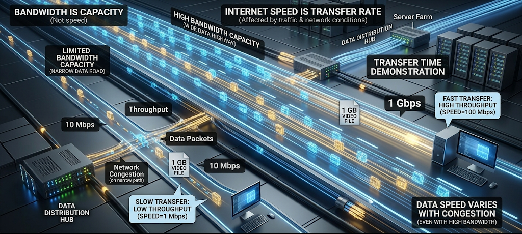 Realistic comparison showing bandwidth as network capacity using a digital highway with data traffic.