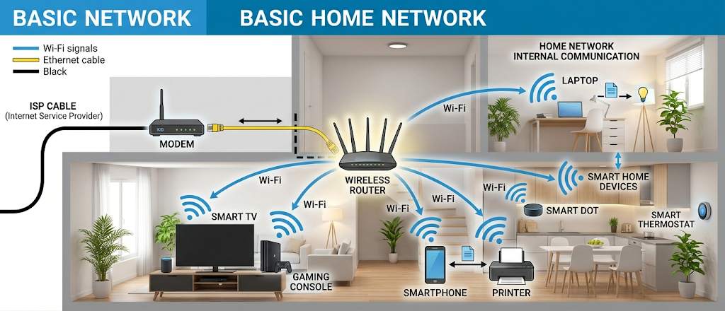 Diagram showing modem, router, Wi-Fi connection, and connected devices in a home network.