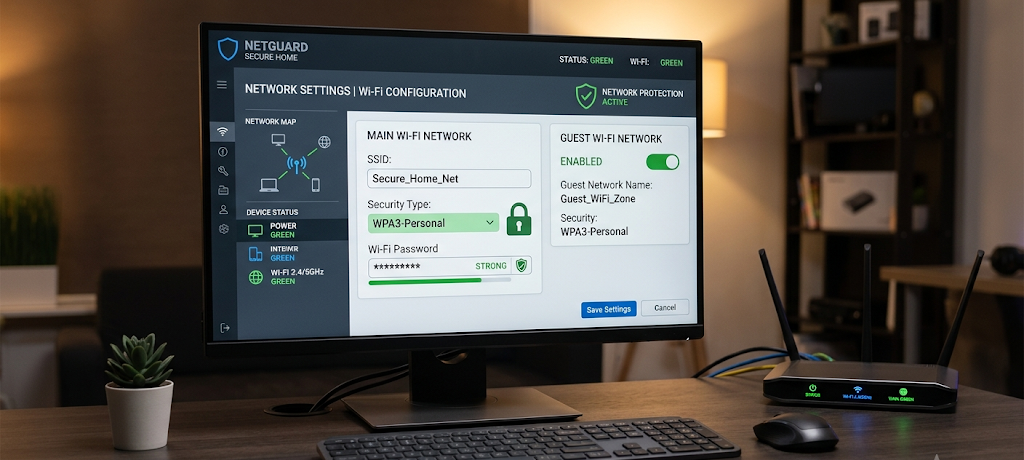 Router security dashboard showing WPA3 encryption, Wi-Fi password settings, and guest network configuration.