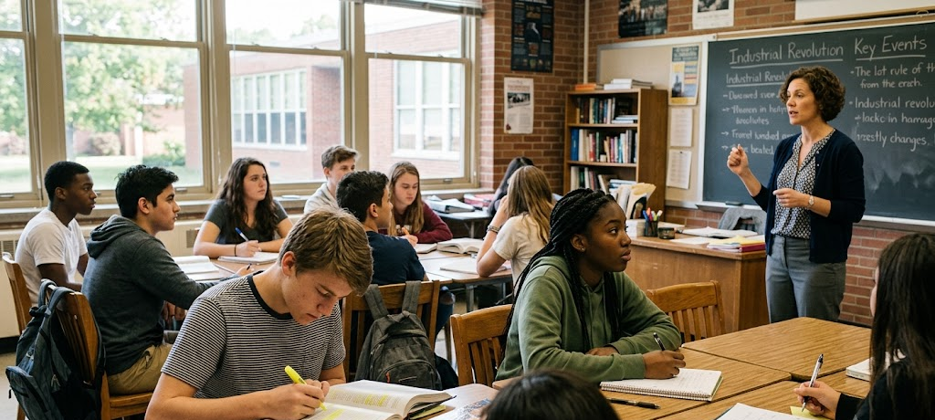 Students attentively taking notes in a classroom during a lesson