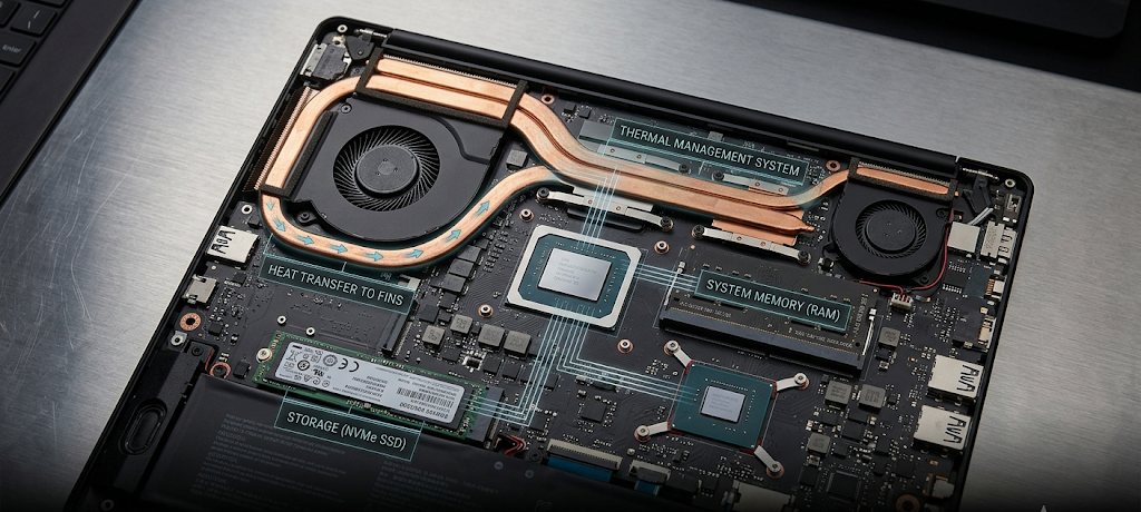 Intel vs AMD vs Apple Silicon: Which Laptop Processor Should You Actually Choose? 2 Laptop motherboard showing CPU processor, RAM, cooling system, and internal components.