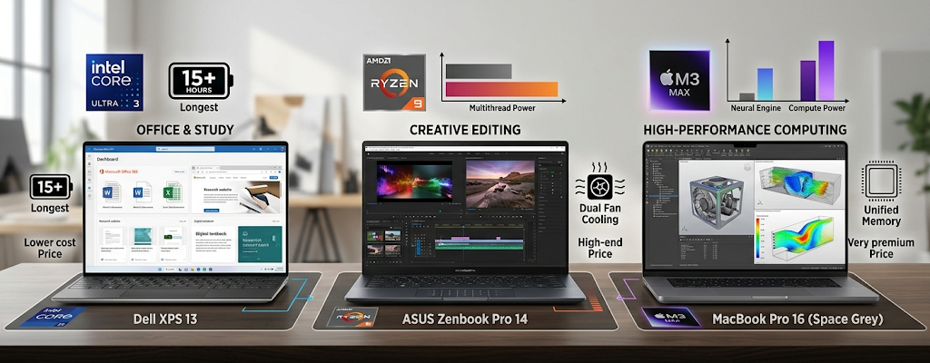 Intel vs AMD vs Apple Silicon: Which Laptop Processor Should You Actually Choose? 5 Comparison of Intel Core, AMD Ryzen, and Apple Silicon laptops based on performance, battery life, heat, and price.