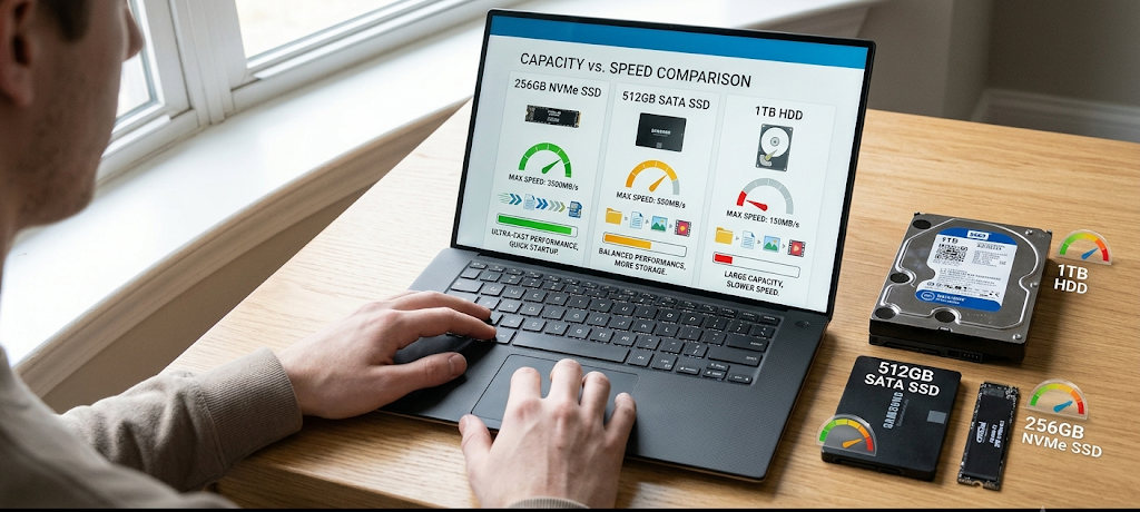 Laptop storage capacity comparison showing 256GB, 512GB, and 1TB storage options