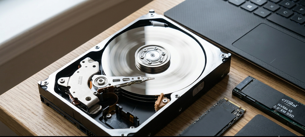 Opened HDD showing mechanical storage components and spinning magnetic platters