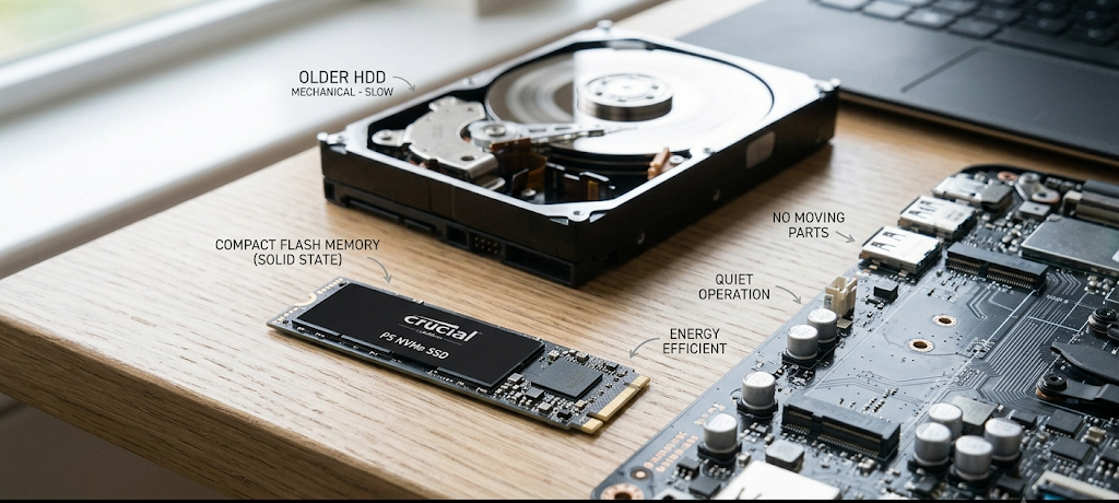 Modern SSD drive showing flash memory technology and improved laptop performance