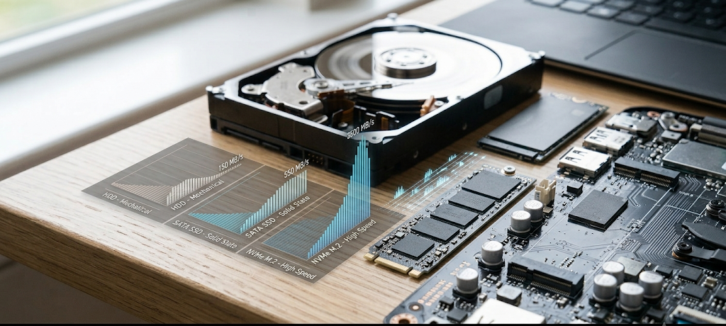 NVMe SSD installed in laptop showing storage speed comparison with HDD and SSD