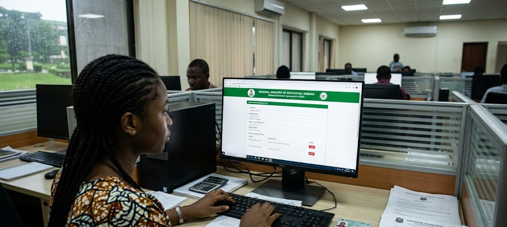 Student applying for government scholarship on official portal with documents on desk