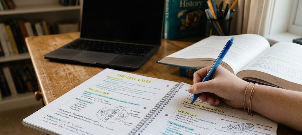 Organized handwritten study notes with highlights, diagrams, and color coding used for effective note-taking.