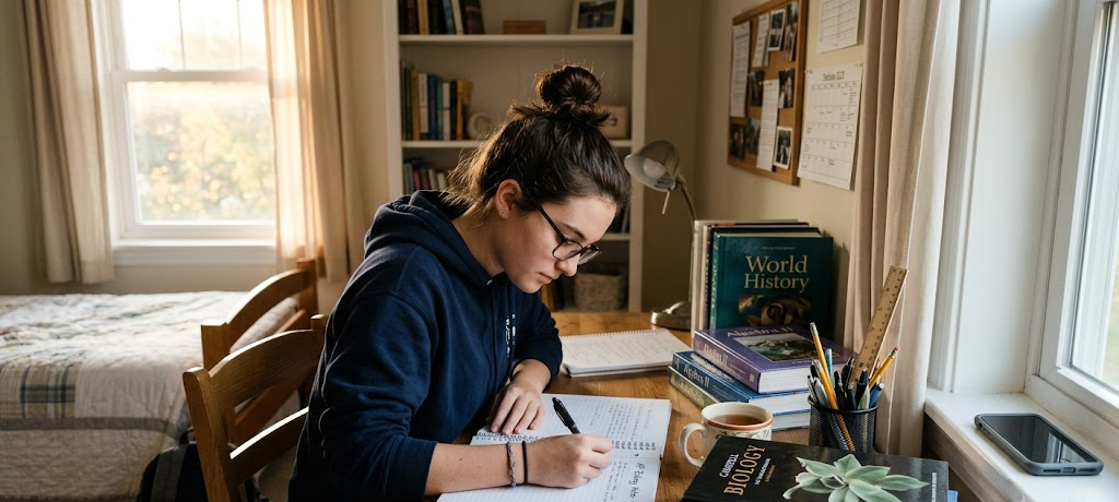 A focused student studying at a neat desk in the morning with textbooks and notebooks, showing a productive study environment.