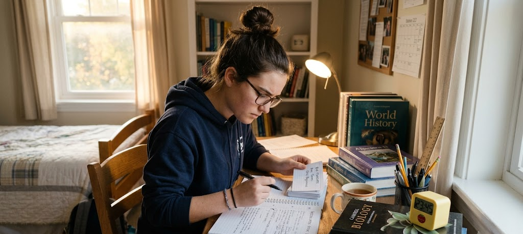 A student revising with flashcards and past questions during a timed study session in a quiet, focused environment.