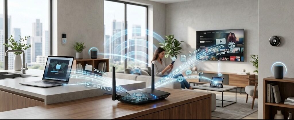 A realistic illustration showing a Wi-Fi router transmitting data through radio waves to a connected laptop and smartphone.