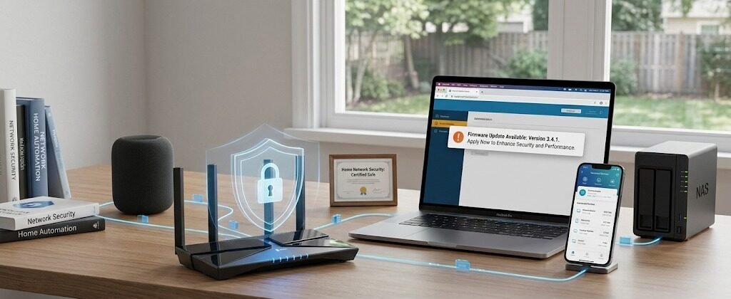 Secure home network maintenance with firmware updates, firewall protection, and connected device monitoring.