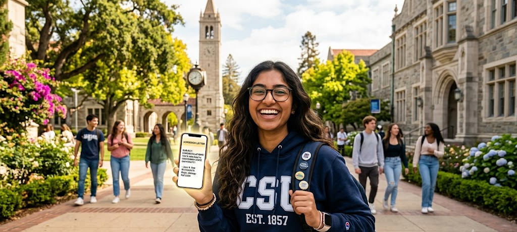 Happy student celebrating university admission acceptance on a campus holding an admission letter