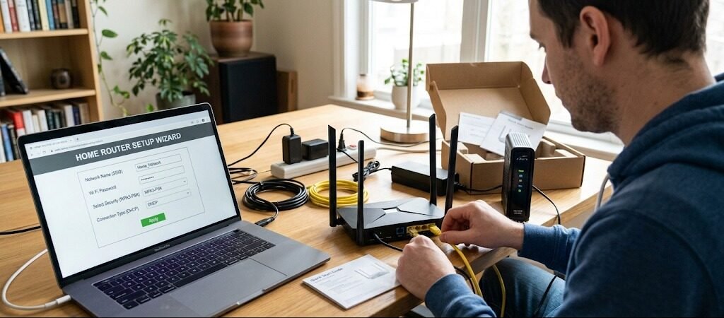 Beginner connecting a router to a modem and configuring home network settings on a laptop.