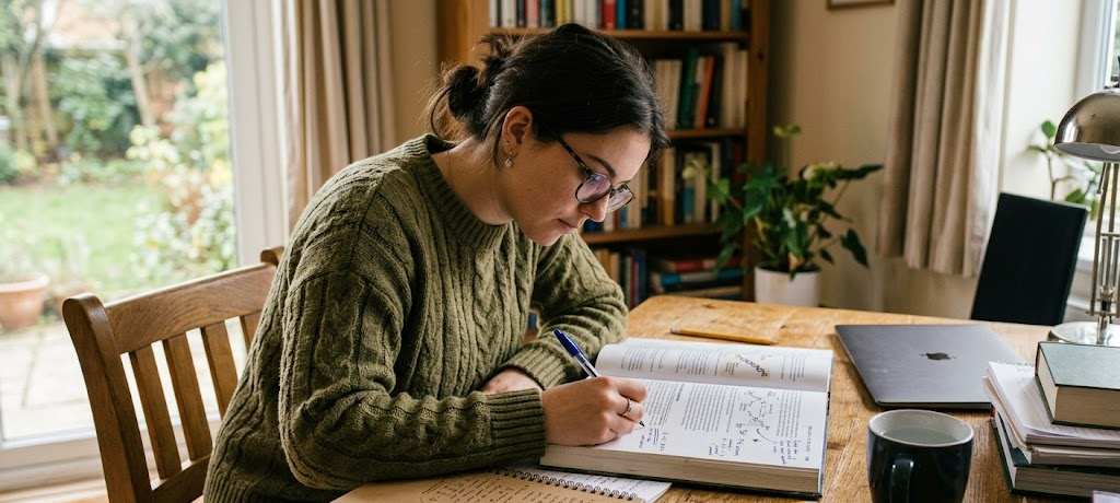 How to Develop Effective Reading Habits for Academic Success 2 Student actively reading and annotating a textbook with a pen while studying at a desk
