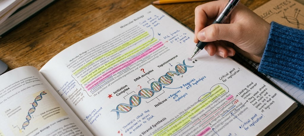 How to Develop Effective Reading Habits for Academic Success 3 Annotated textbook page with highlights, margin notes, and symbols showing study notes