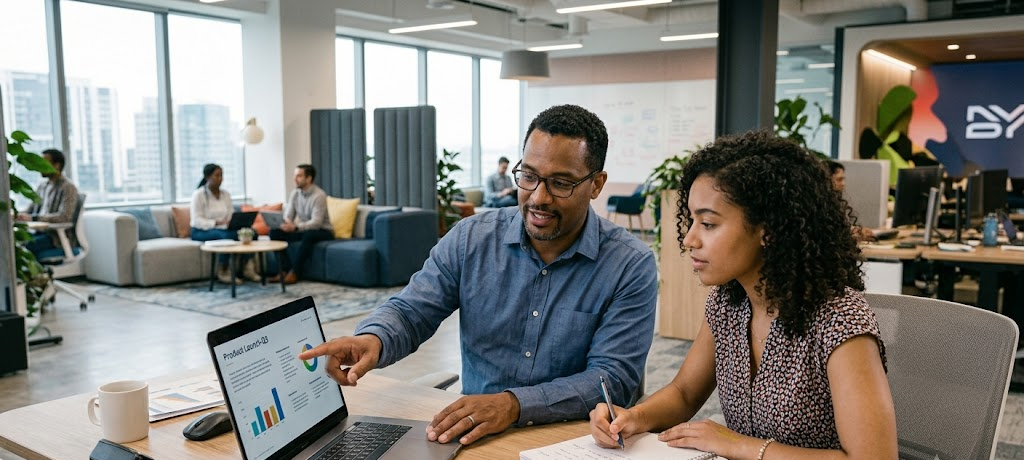 Student intern learning from a professional mentor in a workplace during internship training.