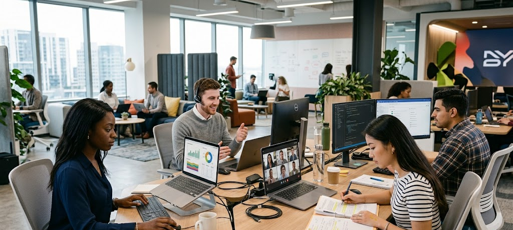 Young professionals working in a modern office, reflecting current job market trends and digital careers.