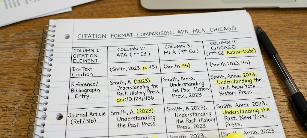 Handwritten comparison of APA, MLA, and Chicago citation styles in a notebook