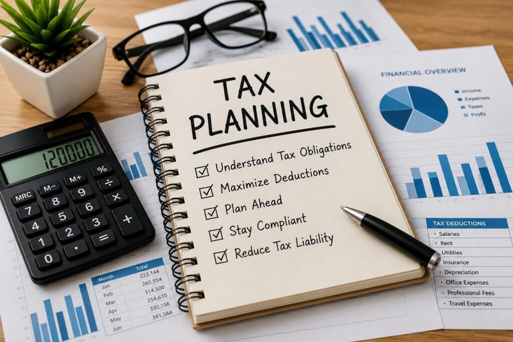 Tax Accounting and Tax Compliance for Businesses illustration showing business tax record keeping and compliance activities.
