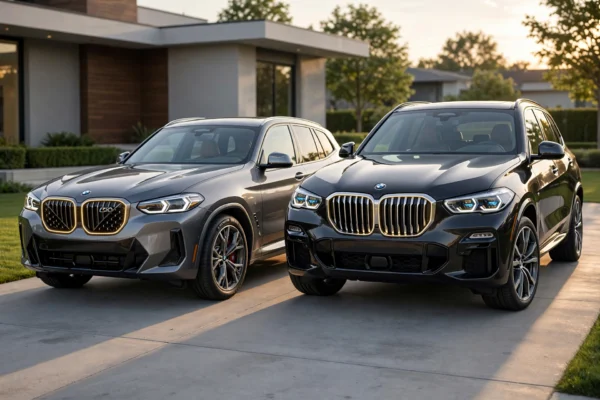 BMW X3 vs X5 featured size comparison showing compact X3 next to larger X5 luxury SUVs on driveway