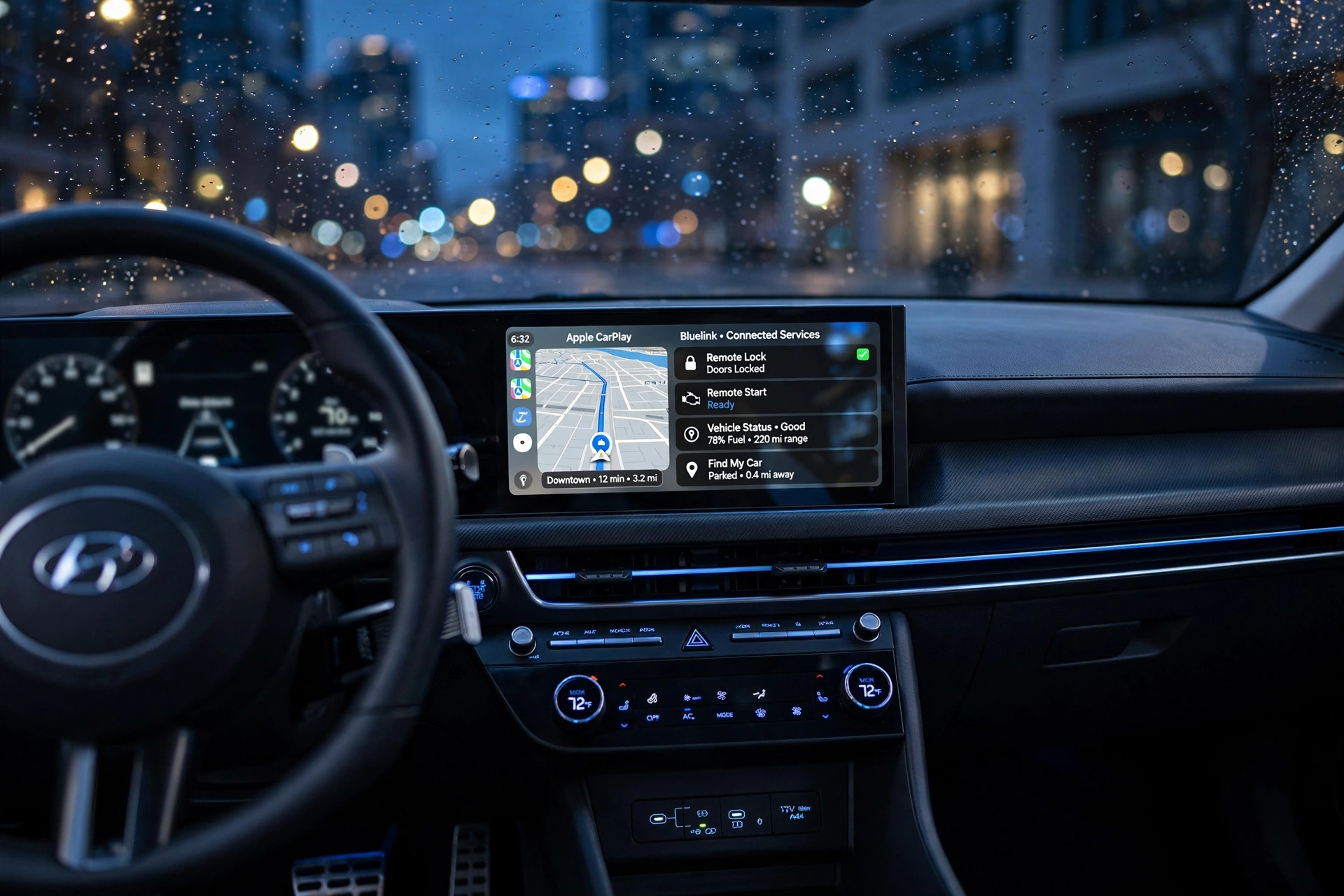 Hyundai Bluelink Features on infotainment display showing connected services and Apple CarPlay navigation
