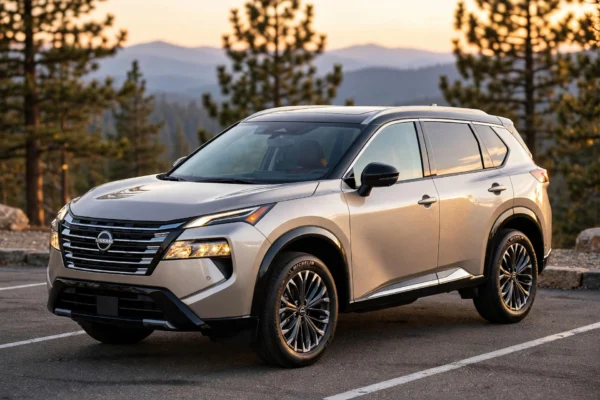 Nissan Rogue Guide hero shot of 2025 Rogue Platinum AWD in champagne silver on mountain overlook at sunset