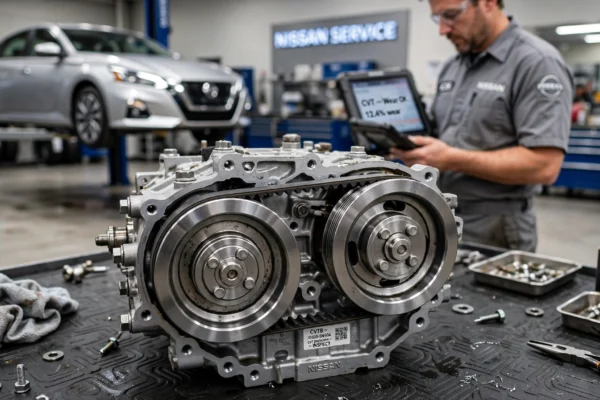 Nissan CVT Problems showing exposed steel belt and pulleys on CVT transmission in service bay