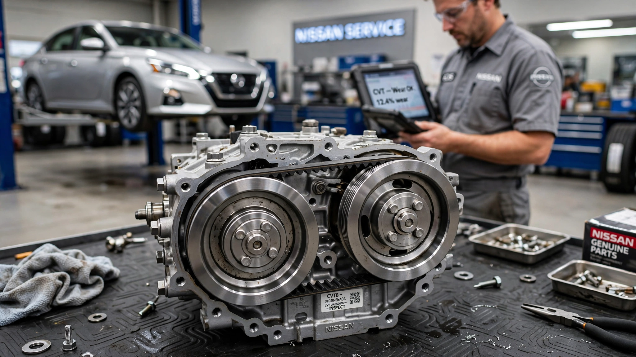Nissan CVT Problems showing exposed steel belt and pulleys on CVT transmission in service bay