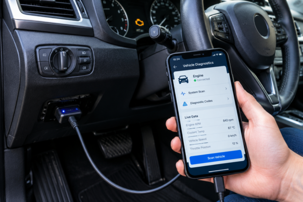 Phone car diagnostic tool connected to an OBD-II adapter for vehicle diagnosis