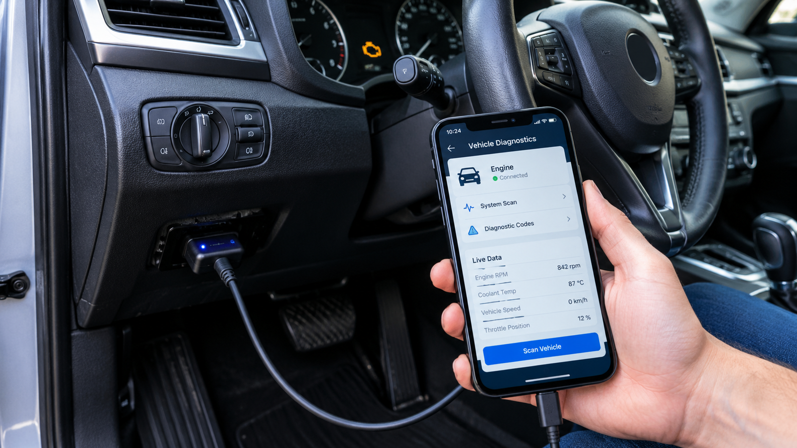 Phone car diagnostic tool connected to an OBD-II adapter for vehicle diagnosis