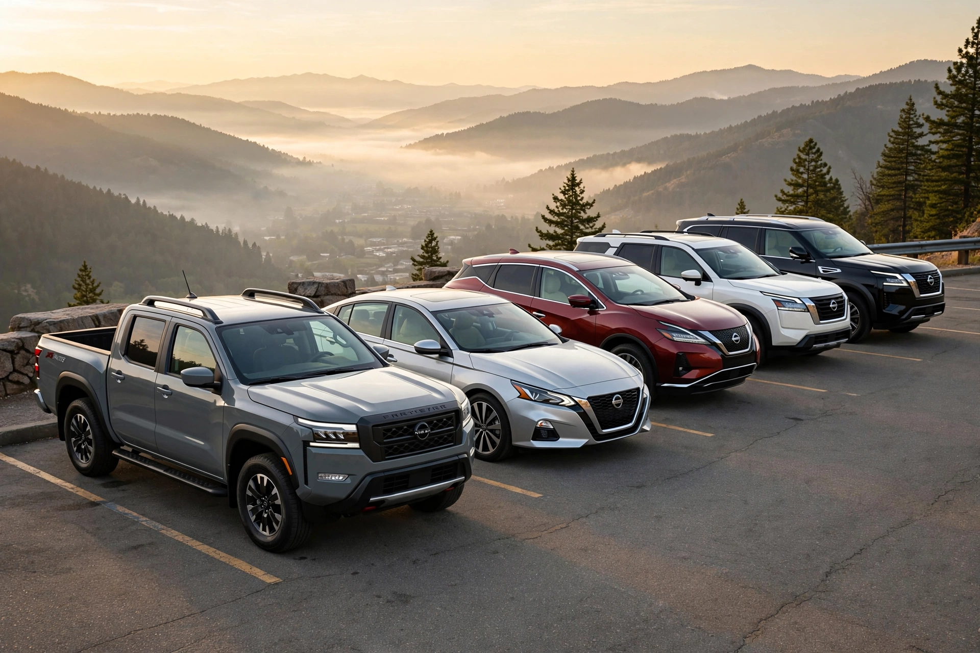 Most Reliable Nissan Models lineup featuring Frontier, Altima, Murano, Pathfinder and Armada parked on mountain overlook at sunrise