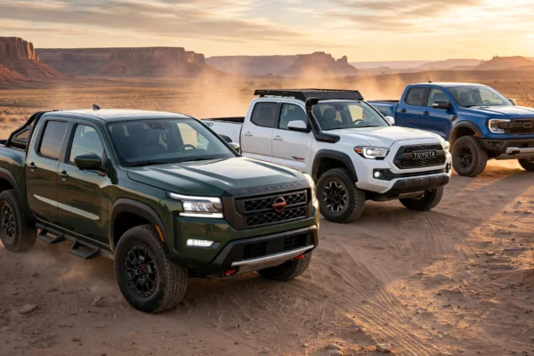 Midsize truck comparison featuring Nissan Frontier PRO-4X vs Toyota Tacoma TRD Pro vs Ford Ranger Raptor lined up on a desert road at sunset