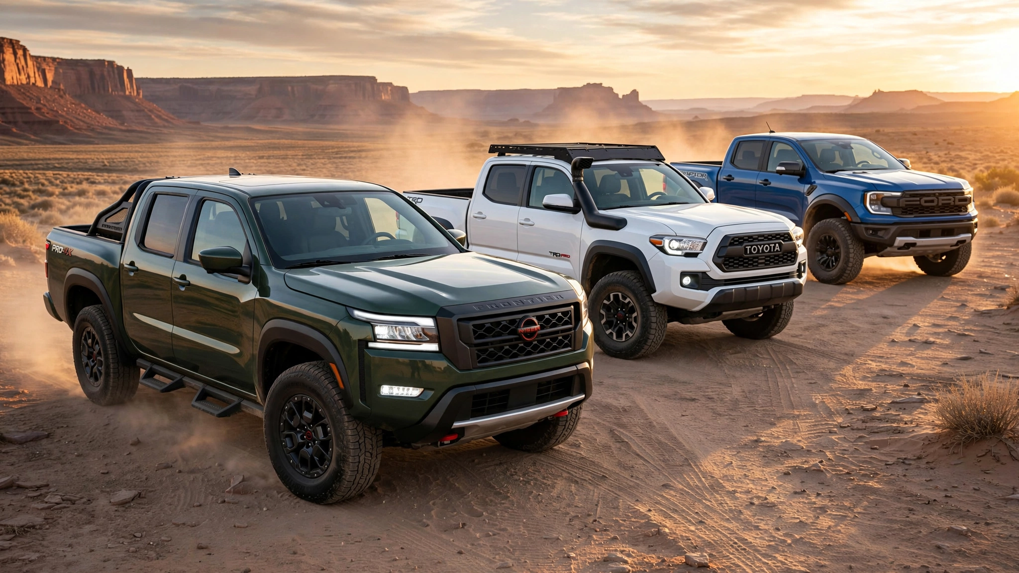 Nissan Frontier vs Toyota Tacoma vs Ford Ranger: Complete Midsize Truck Comparison 1 Midsize truck comparison featuring Nissan Frontier PRO-4X vs Toyota Tacoma TRD Pro vs Ford Ranger Raptor lined up on a desert road at sunset