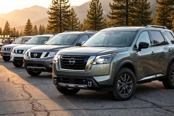 Nissan Pathfinder generations guide showing evolution of five generations from 1987 to 2025 parked on mountain road