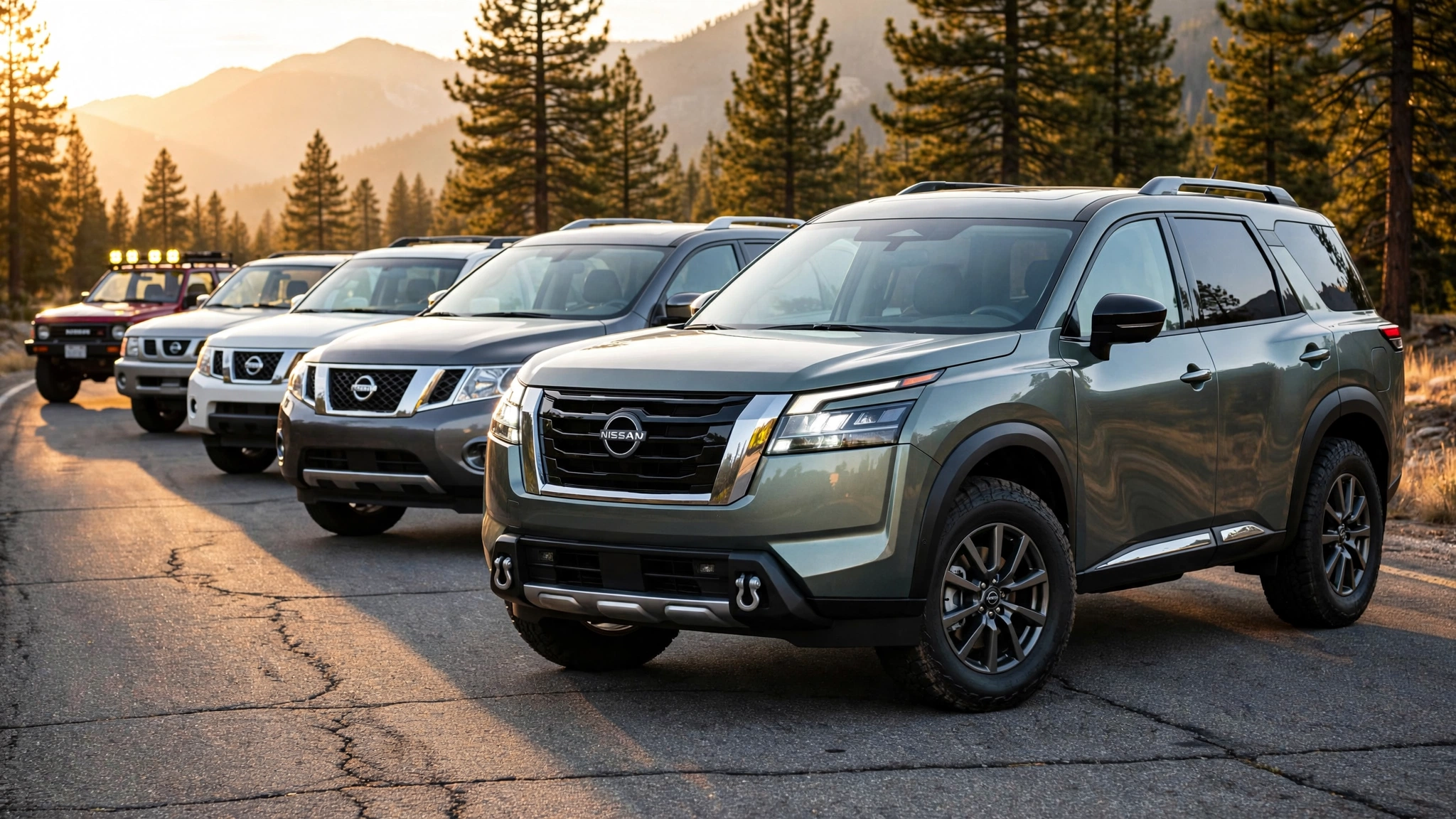 Nissan Pathfinder: Complete Guide to Generations, Performance, Towing Capacity, and Common Problems 5 Nissan Pathfinder generations guide showing evolution of five generations from 1987 to 2025 parked on mountain road