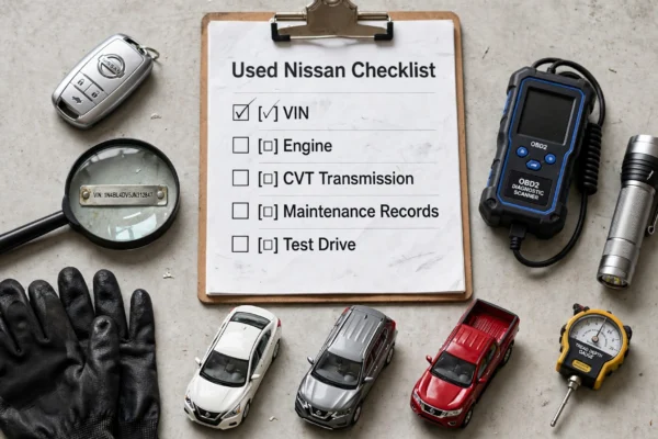 Used Nissan buying guide checklist with VIN, CVT inspection tools and Altima Rogue Frontier models