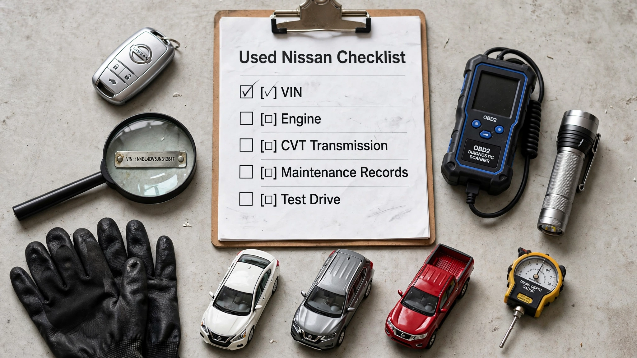 Used Nissan Buying Guide: Complete Checklist of Best Years to Buy and Years to Avoid 4 Used Nissan buying guide checklist with VIN, CVT inspection tools and Altima Rogue Frontier models