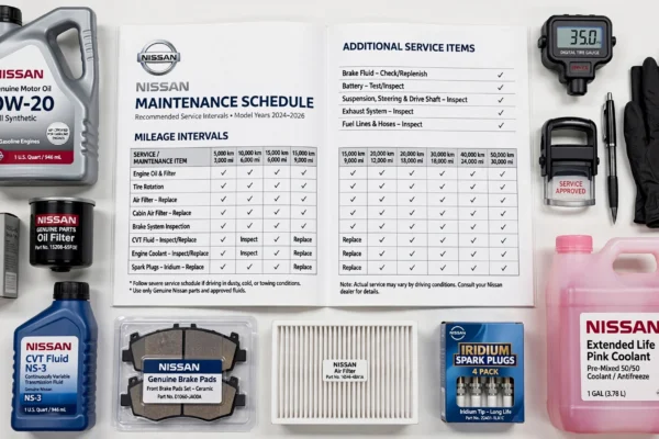 Nissan maintenance schedule checklist with oil filter CVT fluid brake pads and service intervals
