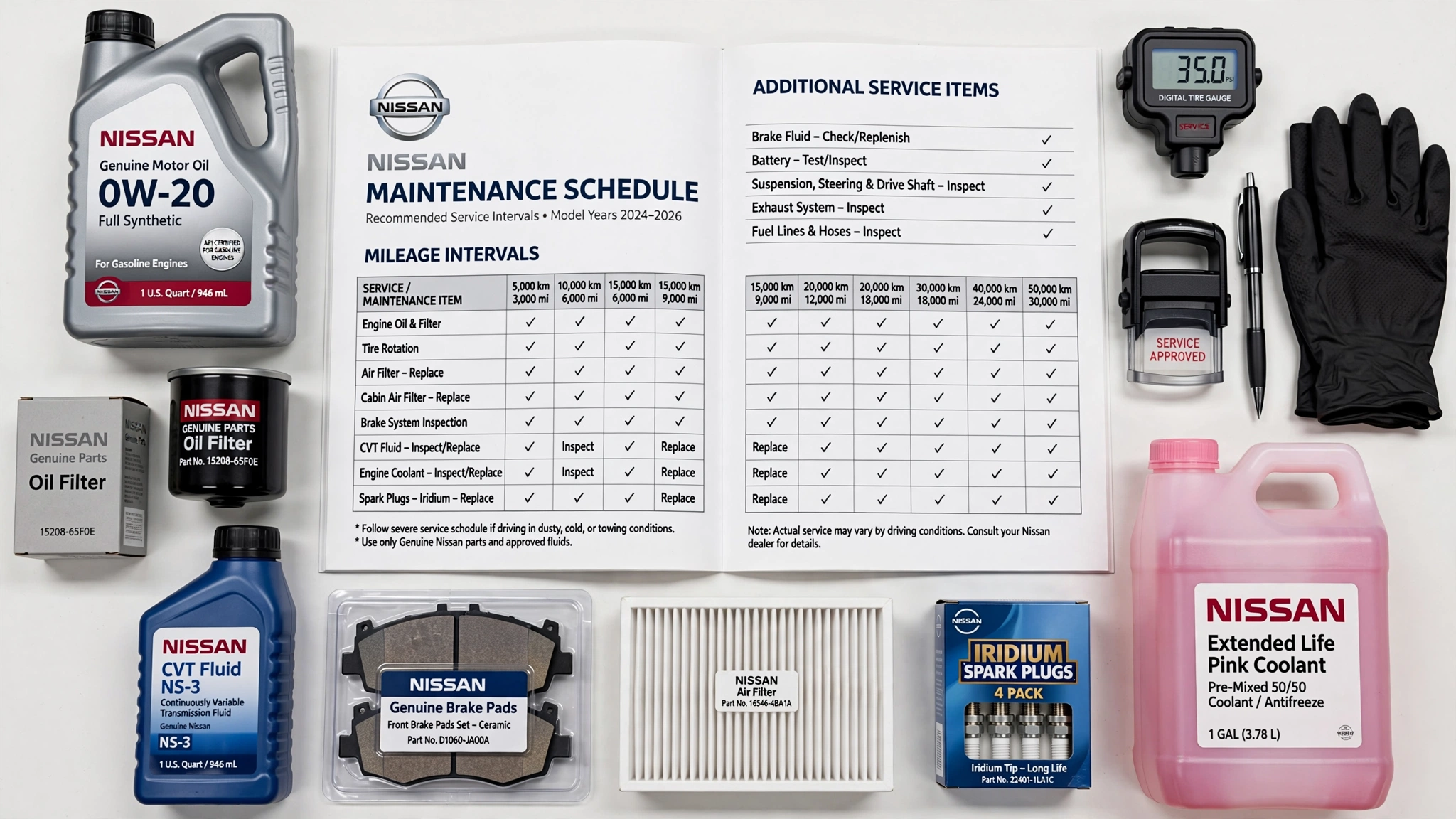 Nissan maintenance schedule checklist with oil filter CVT fluid brake pads and service intervals