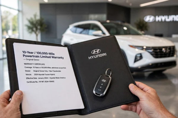 Brand new white Hyundai SUV in showroom with owner holding documents showing Hyundai 10 year warranty