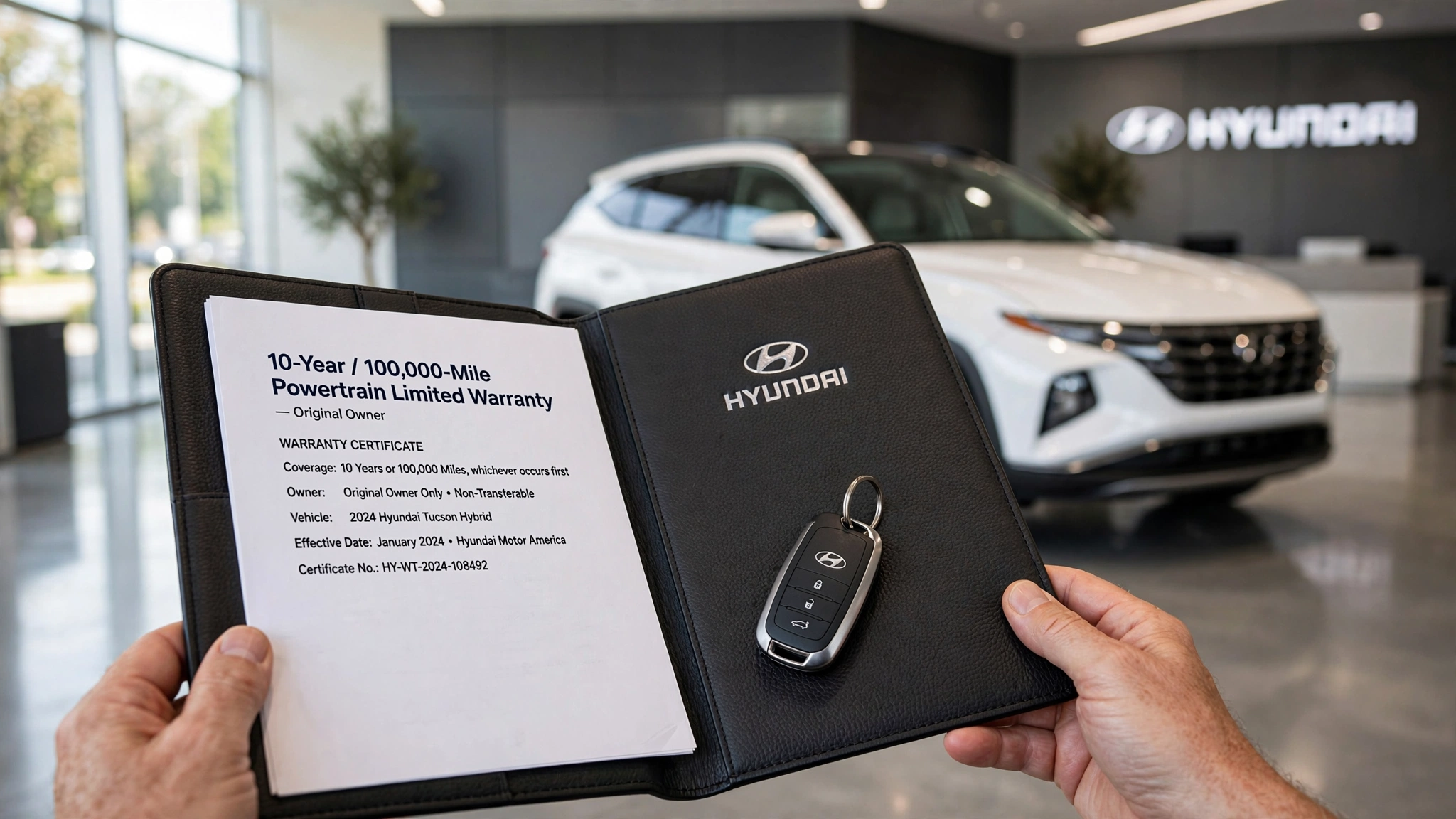Hyundai Warranty Explained: What's Really Covered in the 10-Year / 100,000-Mile Promise 5 Brand new white Hyundai SUV in showroom with owner holding documents showing Hyundai 10 year warranty